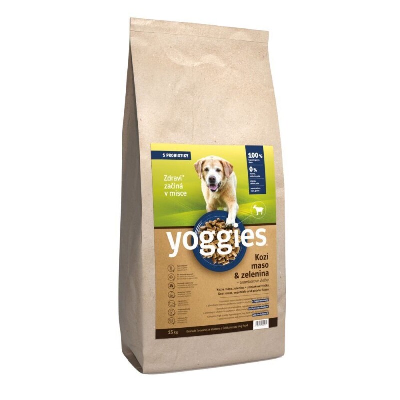 Yoggies Kozí maso&zelenina (15kg), hypoalergenní granule lisované za studena s probiotiky