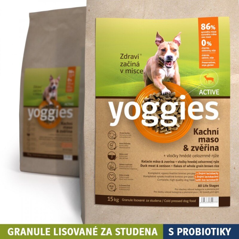 Yoggies Active Kachní maso&zvěřina (15kg), granule lisované za studena s probiotiky